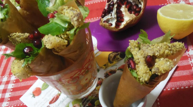 Coni di pasta fillo con rana pescatrice e melagrana