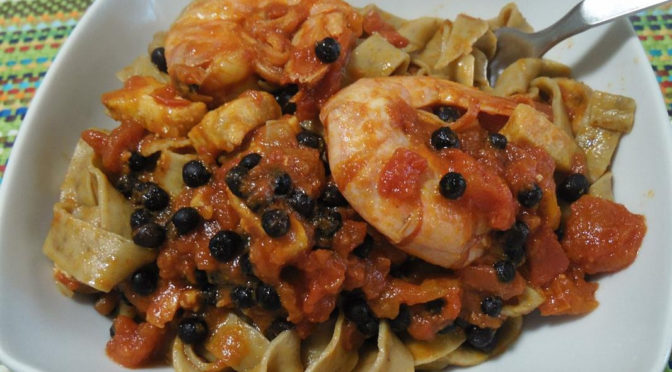Tagliatelle ai porcini con spada gamberoni e roveja